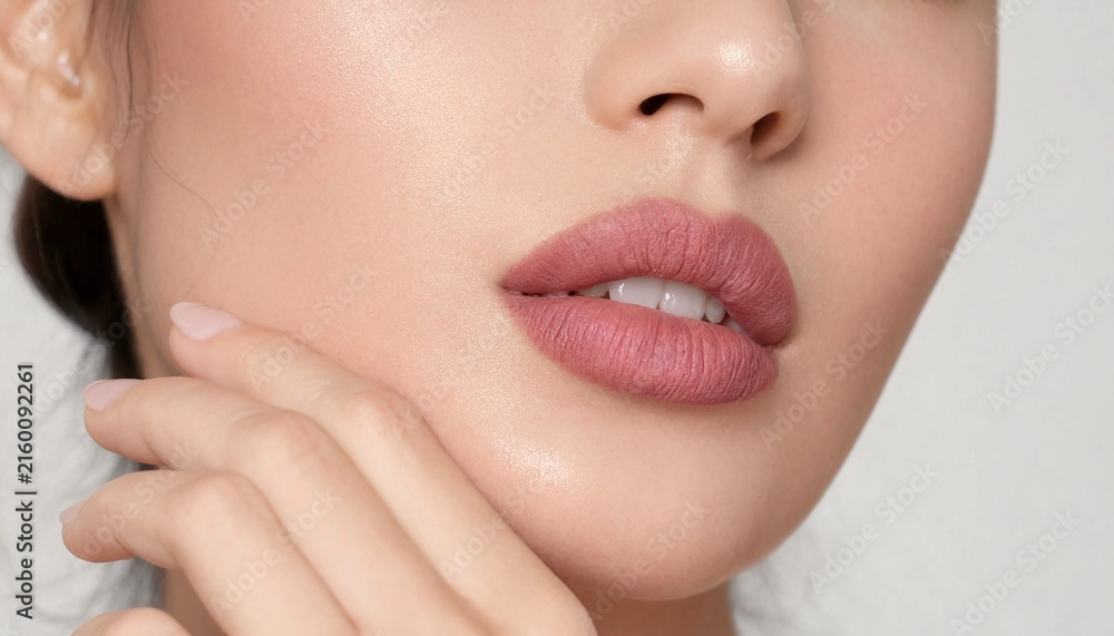 Obraz premium Close up shot of a beautiful woman with soft pink lipstick and glowing healthy skin touching her face