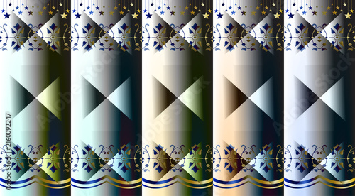 Ornate abstract background design with diverse colorful vertical stripes and elegant golden elements for creative projects.