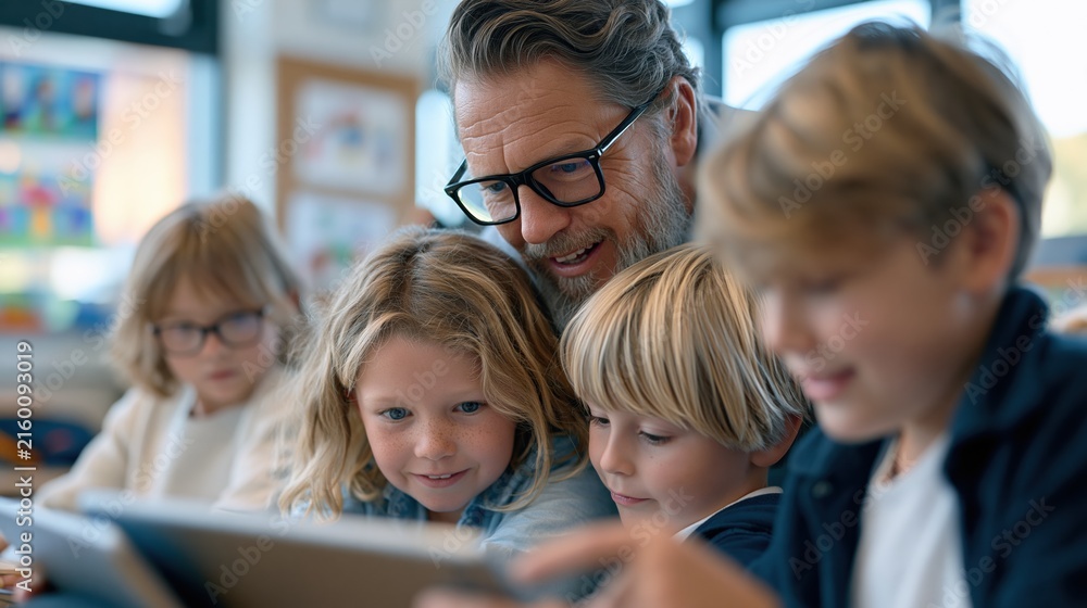 Fototapeta premium Engaged elementary school teacher guiding young students using a tablet in a bright, modern classroom environment