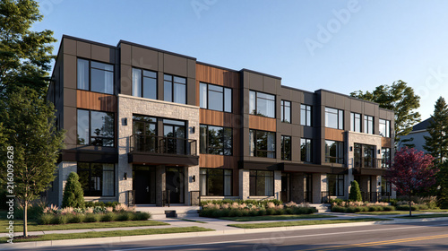 Modern Townhouse Facade: A contemporary townhouse complex showcases a sleek, modern design with a mix of stone, wood, and metal accents, exuding urban sophistication.