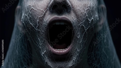 Closeup of a persons face covered in a weblike pattern