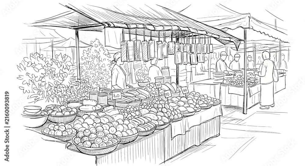 Fototapeta premium Sketch of a vibrant street market with fresh produce and vendors