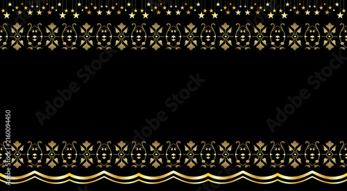 Elegant festive background design with golden ornate borders and sparkling stars for celebrations and invitations.