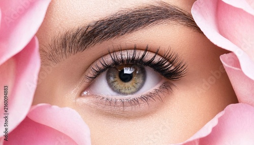 Close up shot of a beautiful human green eye surrounded by soft pink rose flower petals