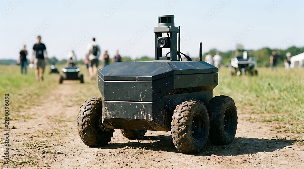 Fototapeta premium Black wheeled robot on dirt path in outdoor field black robot