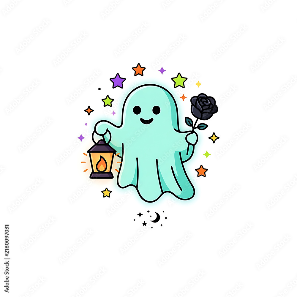 Fototapeta premium Cute cartoon ghost holds a glowing lantern and a black rose surrounded by colorful stars on a transparent background.