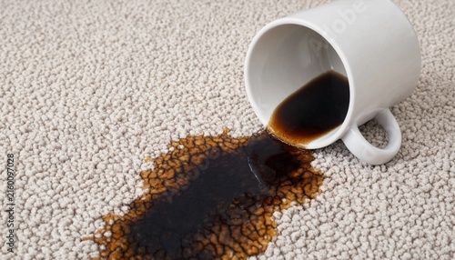 White ceramic mug spilling hot black coffee onto a light beige textured carpet floor