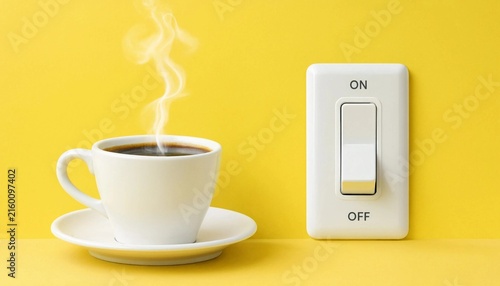 A steaming cup of hot black coffee placed next to an electrical light switch on a yellow background