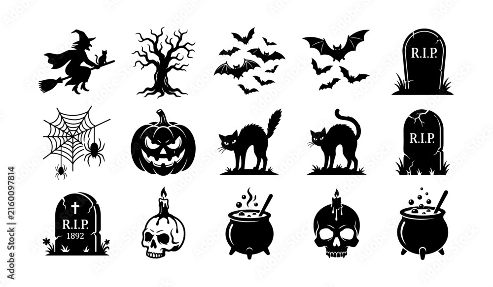 Obraz premium Halloween horror icon collection with witch, bats, pumpkin, black cat and haunted tree in black silhouette style. Concept of spooky night, scary festival, horror decoration and minimal vector design.