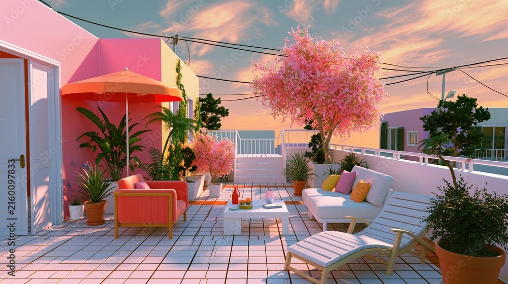 Fototapeta premium Vibrant rooftop patio oasis with pink and orange seating, lush plants, and sunset sky