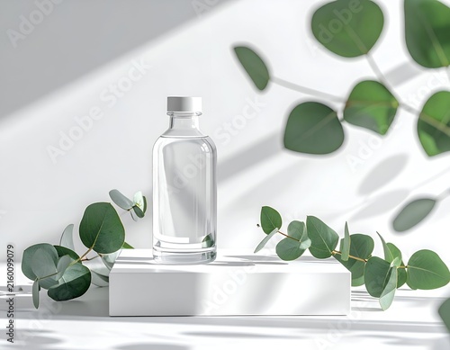 Minimalist skincare bottle on a white pedestal with eucalyptus against a bright wall