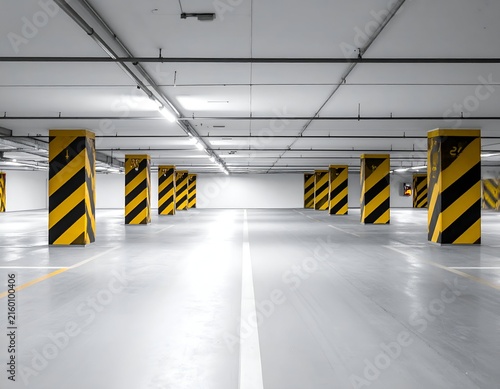 Empty parking garage with yellow and black striped support pillars, bright lighting, and white floor lines