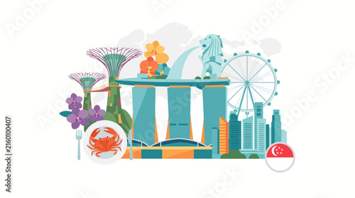 Singapore Travel and Culture Illustration with Marina Bay Sands Merlion Gardens by the Bay and Food