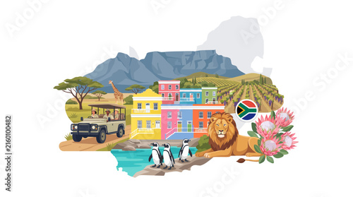 South Africa Travel Concept Illustration Featuring Table Mountain Safari Animals Bo Kaap and Proteas
