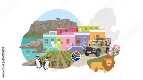 South Africa Travel Concept Illustration with Table Mountain Safari Lion Penguins and Bo-Kaap Houses