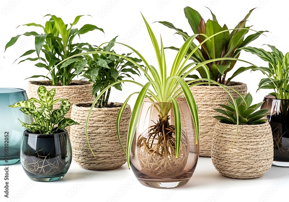 Fototapeta premium Collection of various green houseplants in woven baskets and glass vases on white background