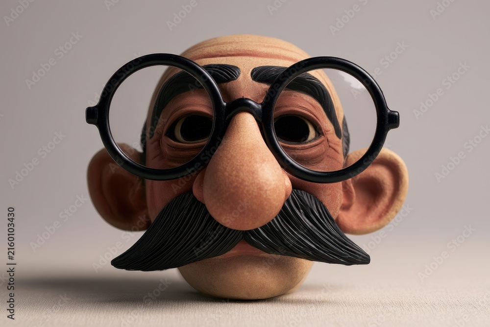 Fototapeta premium Classic comedy disguise mask with oversized round glasses, bold moustache and large nose prop on neutral backdrop