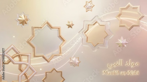 Mawlid al-Nabi greeting background with 3D stars.