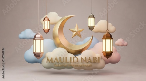 Maulid Nabi 3D illustration with moon and lanterns