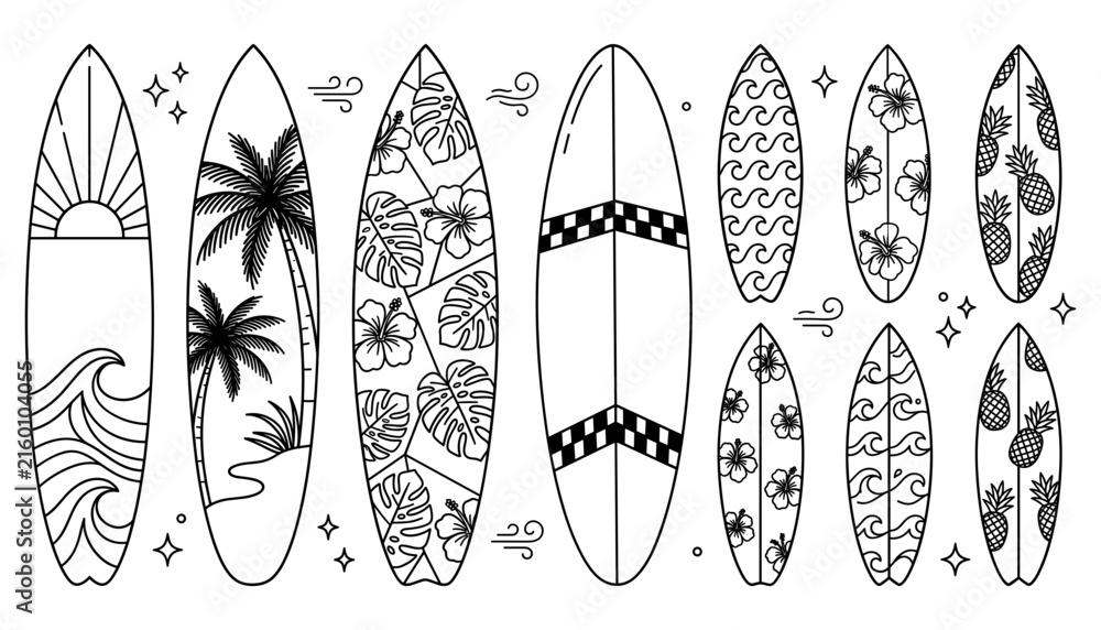 Fototapeta premium Tropical Surfboard Design Vector Set with Patterned Surfboards Featuring Palm Trees Hibiscus Flowers Waves Checkerboard and Pineapple Symbols for Summer Graphic Designs.