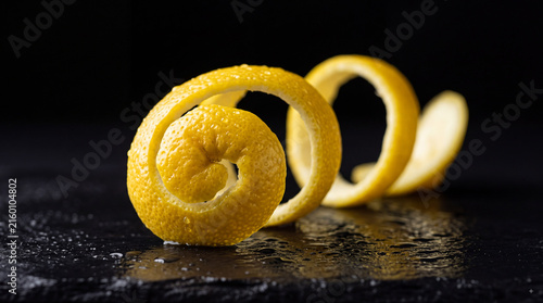 Obraz na plátně Fresh lemon peel spiral with water droplets on dark wet surface, citrus zest cur