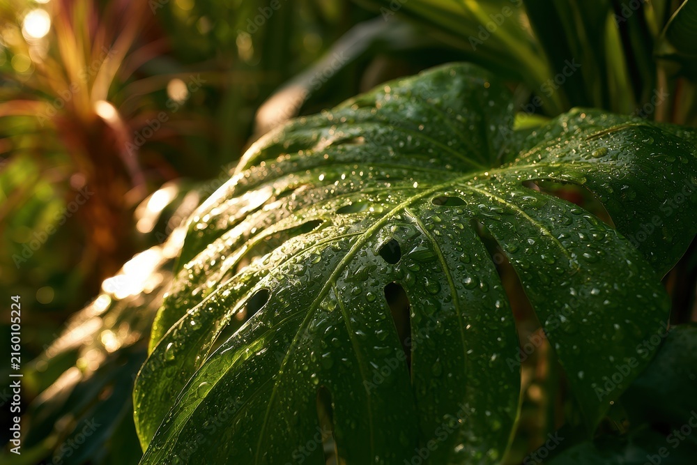 Obraz premium Close-up of a large green Monstera leaf in a lush tropical background
