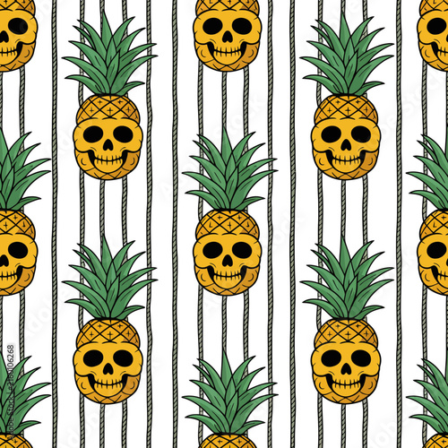 Pineapple skull spooky tropical fruit pattern seamless background