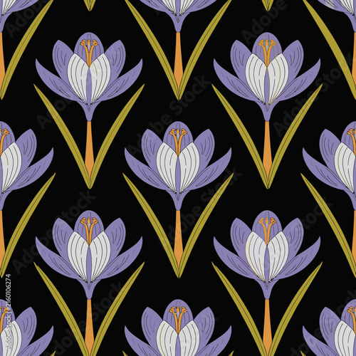Vintage crocus flower seamless pattern vector illustration