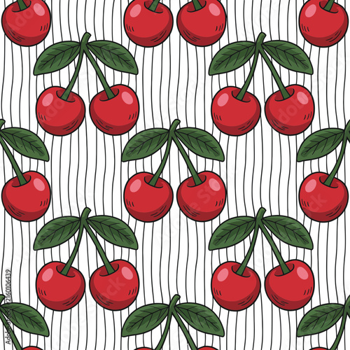 Red cherries and green leaves pattern against vertical stripes