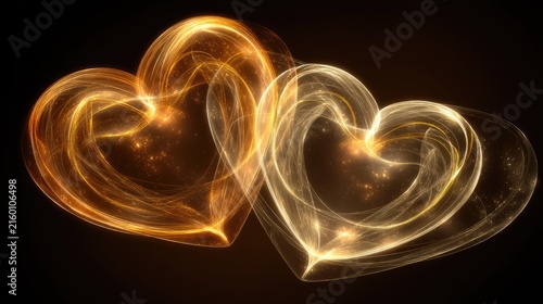 Two luminous, swirling hearts intertwine against a dark, blurred background.