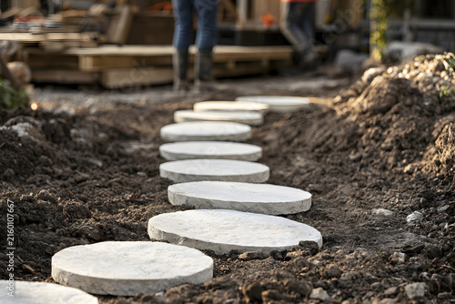 Concrete stepping stones laid in dark soil, leading to a house undergoing construction or renovation, symbolizing outdoor home improvement and garden work.