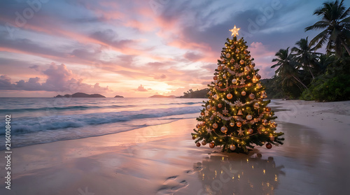 Decorated and illuminated Christmas tree on the sand of a tropical beach during sunset