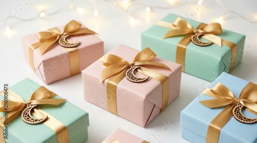 Pastel gift boxes with gold ribbons and crescent charms.