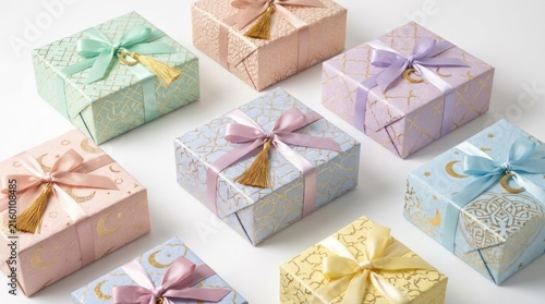 Pastel gift boxes with ribbons on white background.