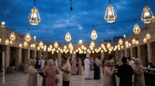 People gathering outdoors under glowing hanging lanterns at night.