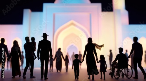 People silhouettes walking toward modern mosque at night.