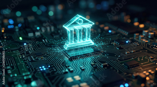 Glowing digital bank hologram on a circuit board illustrating fintech, secure online banking, electronic payments and financial technology infrastructure