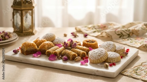 Plate of traditional Arabic sweets and baklava for Eid.