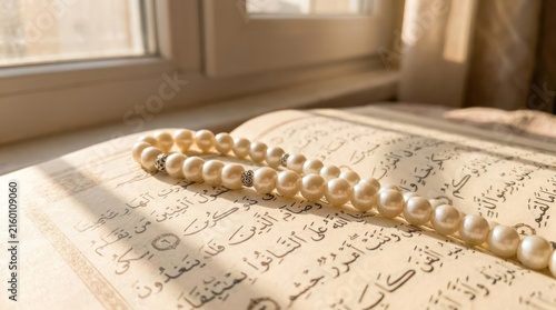 Prayer beads on open Quran under sunlight.