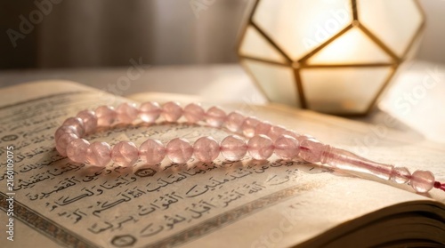 Prayer beads on open Quran with lantern.