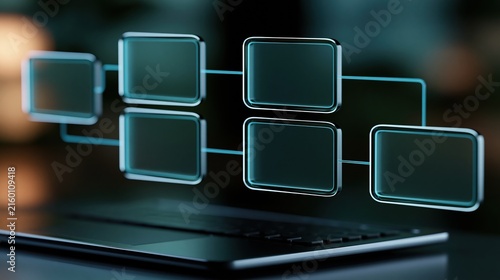 Obraz na płótnie Futuristic digital flowchart displaying interconnected data nodes and information flow on a dark background