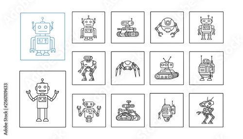 Canvastavla Robot icons set with black line art vectors of futuristic droids androids mechan