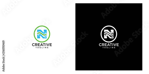 Letter N Logo Design Template with Wave and Circle Elements