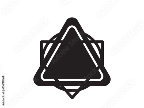 Geometric abstract symbol with overlapping triangle, circle, and square shapes in a bold minimalist design