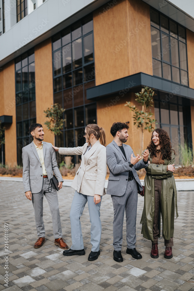 Fototapeta premium Colleagues stand and chat outside a modern office building, smiling and interacting casually. A diverse team of young professionals converse and laugh in front of contemporary urban architecture.