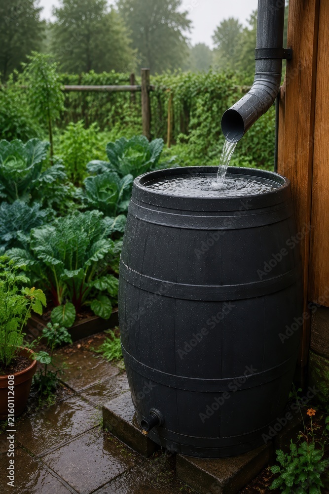 Obraz premium Rainwater harvesting barrel in lush garden water conservation