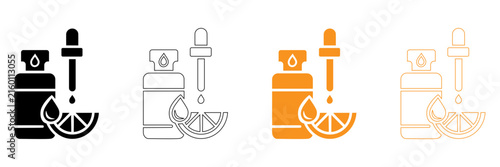 A set of vitamin C serum bottle dropper drop citrus slice symbol vector icon black outline yellow orange color skincare cosmetics treatment emblem sign logo design element art isolated white