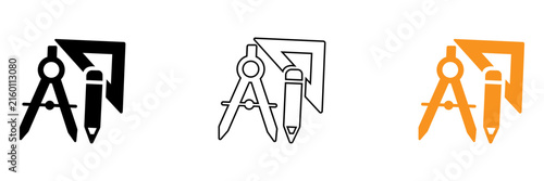 A set of compass triangle ruler pencil drawing drafting geometry school tool symbol vector icon black outline yellow orange color architecture engineering emblem sign logo design element