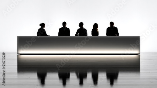 Shadow Cabinet Meeting: A group of silhouetted figures gather around a sleek, illuminated conference table, their forms stark against a bright background.