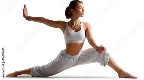 Warrior Pose Zen: A serene woman executes a powerful warrior pose in yoga, her body gracefully aligned, embodying strength, balance, and inner peace.